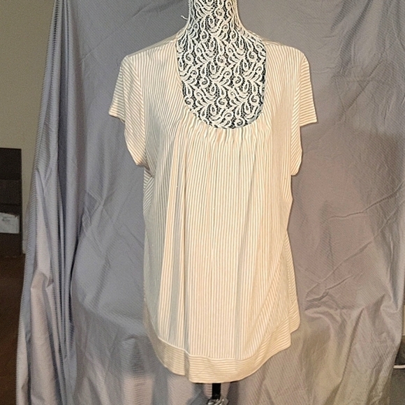 CHICO'S Women's Ruched Round Collared Striped Gold Flecked Beige/White 16 - Picture 1 of 6